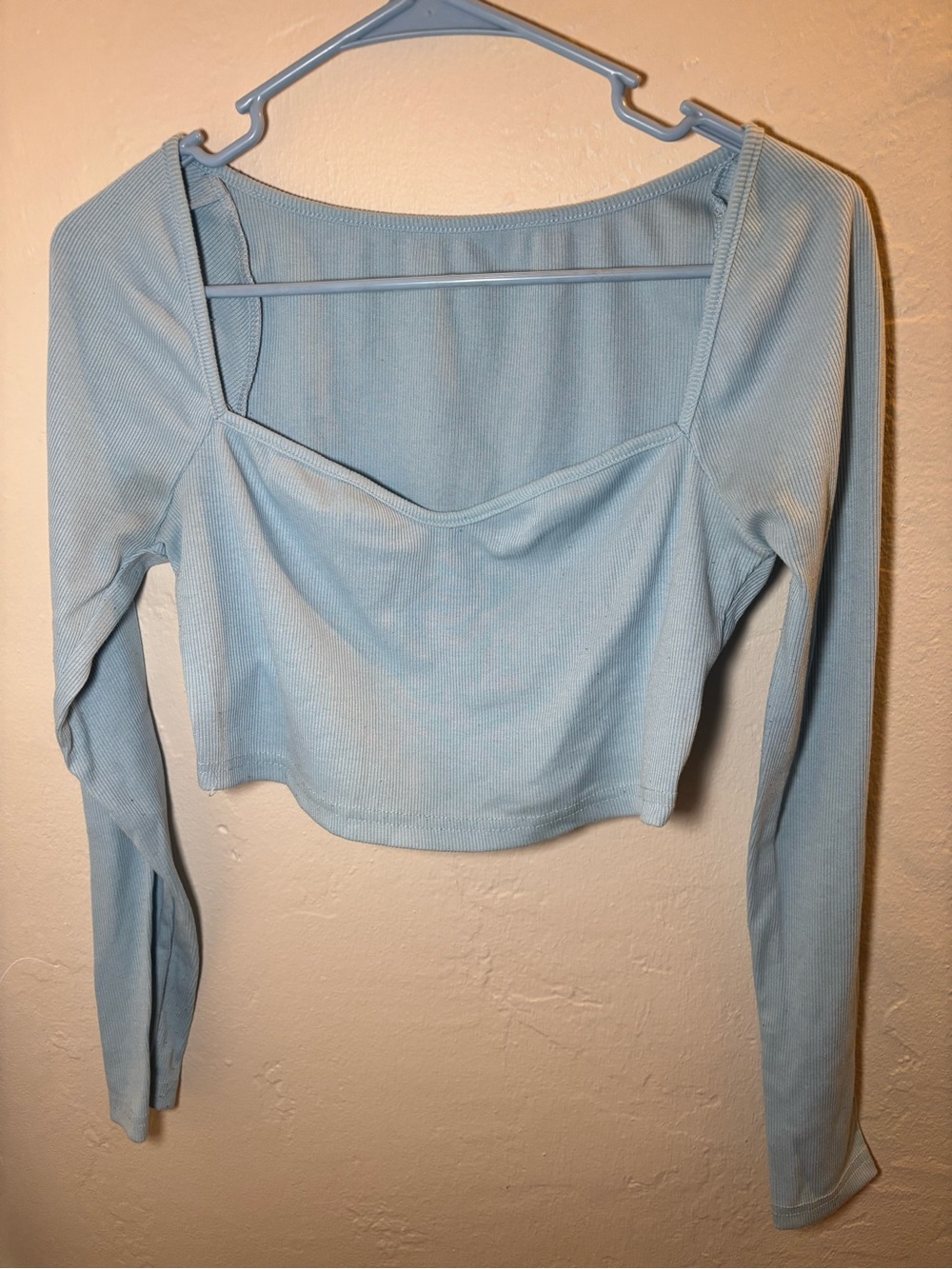 SHEIN Light Blue Square Neck Ribbed Long Sleeve Crop Top